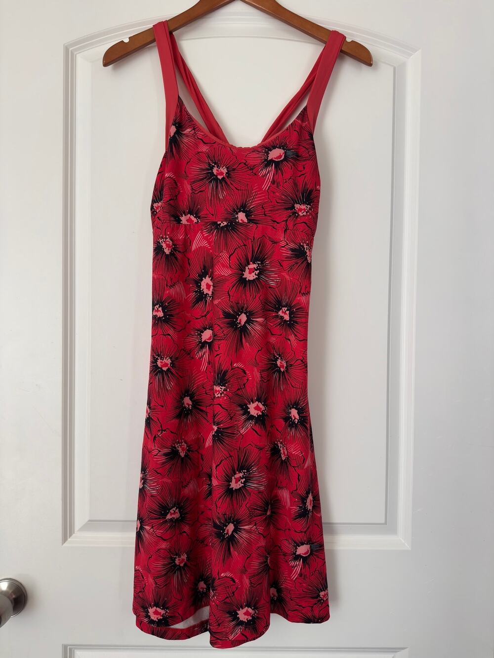 Patagonia Morning Glory Dress Womens Pink Black Floral Crisscross Back Medium